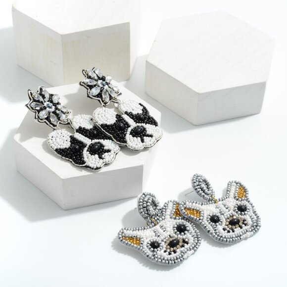 SET OF 2 PAIRS NEW Frenchie French Bulldog Seed Bead Earrings Boutique Quality - Picture 5 of 9